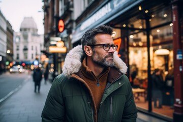 Handsome bearded man in glasses and winter jacket walking down the street in London.