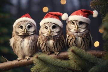 Merry Christmas Owls with Santa Hat on Tree Branch. A Symbol of Nature's Wisdom and Festive Spirit.
