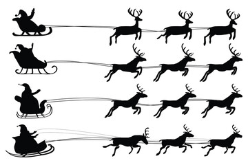 Vector Christmas black and white illustration with Santa Claus riding his sleigh pulled by reindeers - obrazy, fototapety, plakaty