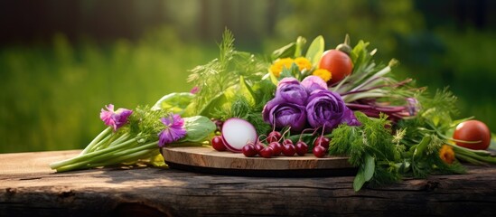 In the isolated garden surrounded by lush green grass and blooming flowers a wooden background provides the perfect backdrop for a plate of healthy vibrant vegetables symbolizing the concep