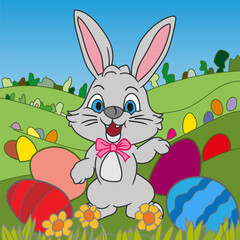 Cheerful Easter bunny with colorful Easter eggs in the fields