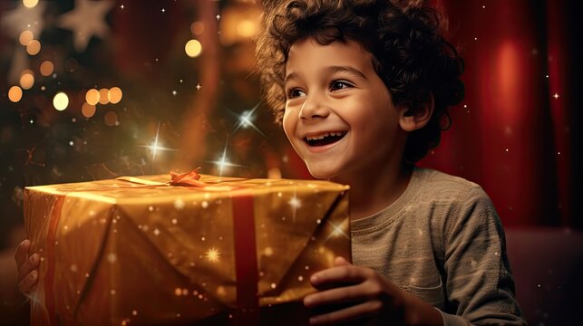  a young boy holding a wrapped gift box in front of a christmas tree with lights and stars in the background.  generative ai