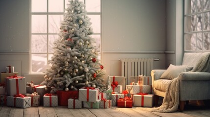  a living room with a christmas tree and presents on the floor and a couch with a window in the background.  generative ai