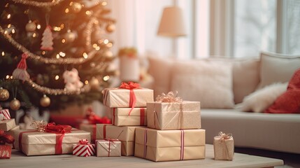  a group of wrapped presents sitting in front of a christmas tree with a dog laying on a couch in the background.  generative ai
