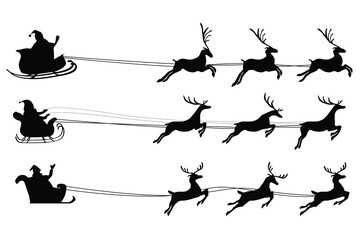 Vector Christmas black and white illustration with Santa Claus riding his sleigh pulled by reindeers - obrazy, fototapety, plakaty
