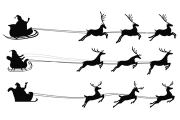 Fotobehang Vector Christmas black and white illustration with Santa Claus riding his sleigh pulled by reindeers © DePo