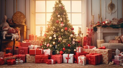  a christmas tree surrounded by presents in front of a fire place with a christmas tree in the corner of the room.  generative ai - Powered by Adobe