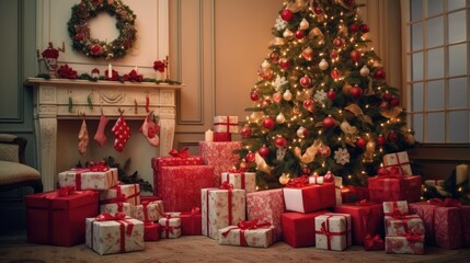  a christmas tree surrounded by presents in front of a fire place with a christmas tree in the corner of the room.  generative ai