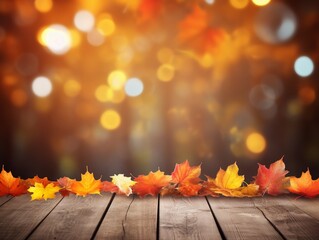 Naklejka na ściany i meble AI Generated autumn maple leaves on wooden plank stand table with glittering bokeh background for Thanksgiving day design concept.