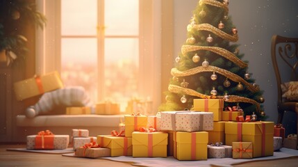  a christmas tree in a living room with presents on the floor and a christmas tree in the corner of the room.  generative ai