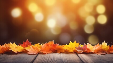 Naklejka na ściany i meble AI Generated autumn maple leaves on wooden plank stand table with glittering bokeh background for Thanksgiving day design concept.