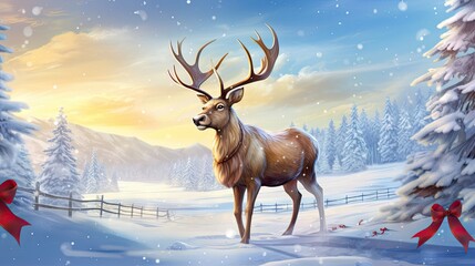  a painting of a deer in a snowy landscape with a red ribbon around its neck and a red bow around its neck.  generative ai