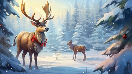  a couple of deer standing next to each other on a snow covered forest covered in snowflakes and christmas decorations.  generative ai