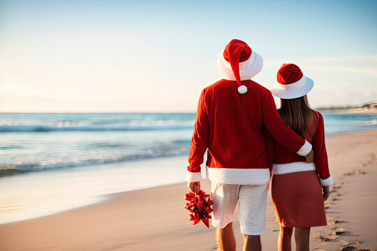 young couple walking on the beach with santa hats. christmas vacation on the beach