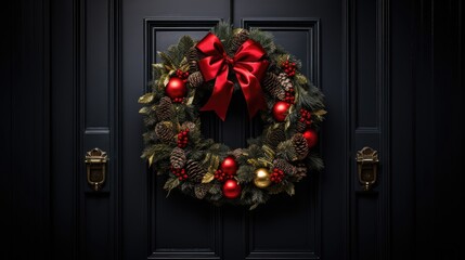 Fototapeta na wymiar a christmas wreath on a black door with a red bow hanging from the top of the wreath on the front door. generative ai