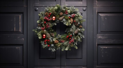 Fototapeta na wymiar a christmas wreath hanging on a door with pine cones and red berries on the front and side of the wreath. generative ai