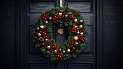  a christmas wreath is hanging on the front door of a black door with a gold and red ornament.  generative ai