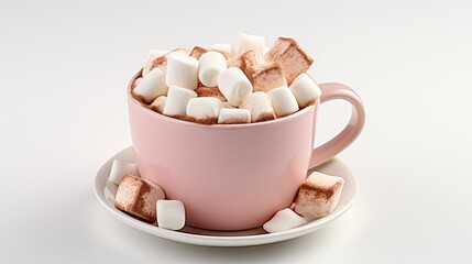  a pink cup filled with marshmallows sitting on top of a saucer on top of a white table.  generative ai
