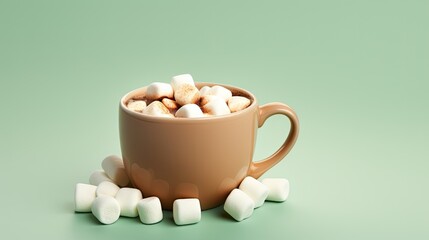  a cup filled with marshmallows sitting on top of a green table next to a pile of marshmallows.  generative ai