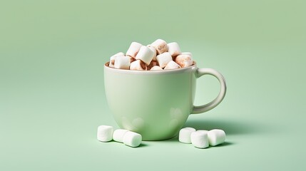  a cup filled with marshmallows sitting on top of a green table next to a pile of smaller marshmallows.  generative ai