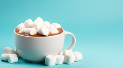 Fototapeta na wymiar a cup of hot chocolate with marshmallows on a blue background with a few more marshmallows. generative ai