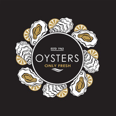 label of fresh oyster shell and lemon isolated on black background