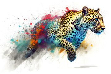 Leopard - Elegante Raubkatze in Bewegung inmitten von Farben Splash - obrazy, fototapety, plakaty