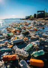 ocean pollution, sea, garbage, trash, plastic bottles, dirty water, environmental disaster, global problems, ecology, environmental, eco-consciousness, waste, human activity, damaged nature, view, eco - obrazy, fototapety, plakaty
