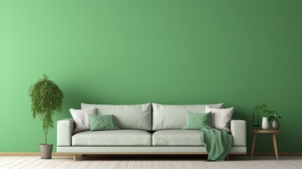 Interior mockup green wall with green sofa and decor in living room.3d rendering