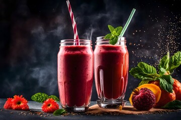 Smoothie, Healthy and vibrant smoothie. Capture dramatic smoothie splash. Creative Dynamic compotition vary angle. Macro Food photography, taken by very high tech expensive camera. Eyecatching,