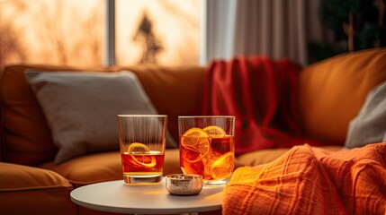  two glasses of alcohol sit on a table in front of a couch with an orange blanket on top of it. 