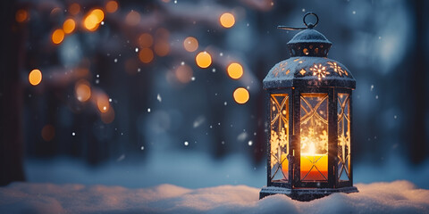 Lantern, snowfall, christmas decorationsai generated Christmas background, Christmas candle lantern in snowfall against blurred forest background. Christmas lantern, generative AI - obrazy, fototapety, plakaty