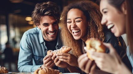  a group of people sitting around a table with donuts in front of them and a man holding a plate of donuts in front of them.   - obrazy, fototapety, plakaty