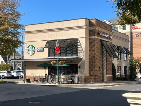 The Starbucks at Lennox Square in Charlotte, NC decorated for the holidays