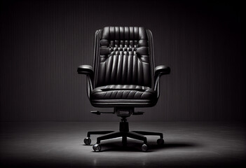 Photorealistic leather black office chair or armchair on a black background. AI generative.