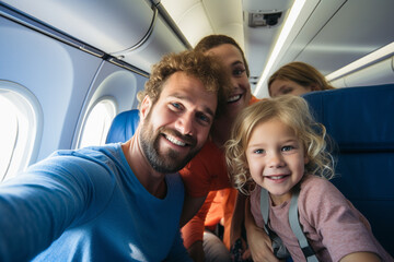 Family selfie in the airplane cabin.