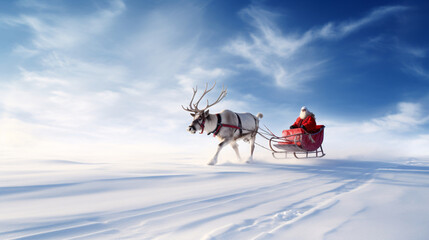 santa claus on a sled with a single reindeer  - obrazy, fototapety, plakaty