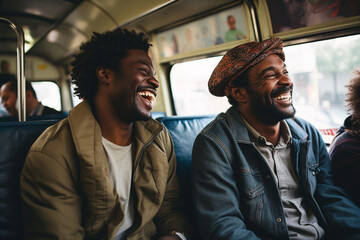 Two African American friends are happy to meet and laugh and talk while riding the bus. AI generated. - obrazy, fototapety, plakaty