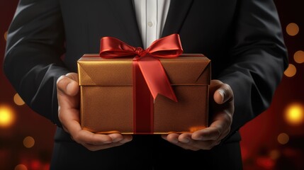  a man in a tuxedo is holding a brown gift box with a red ribbon and a red bow. 