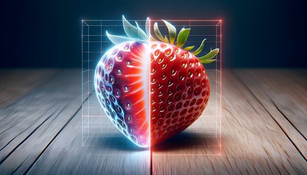 Strawberry with Holographic Cross-Section on Wooden Table