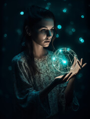 woman with magical light ball, light painting fantasy, spheric network, ai generated 