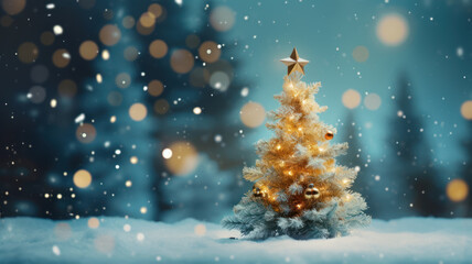Obraz na płótnie Canvas Elegant Bokeh Christmas Tree with Snowy Glow
