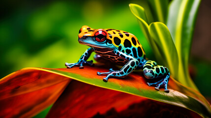 Amazon dart frog / Ranitomeya ventrimaculata on a leaf at the rainforest
