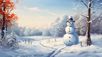  a painting of a snowman standing in the middle of a snowy field with trees and a fence in the background.  generative ai