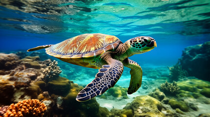Obraz na płótnie Canvas Hawaiian Green Sea Turtle (Chelonia mydas) swimming underwater. 