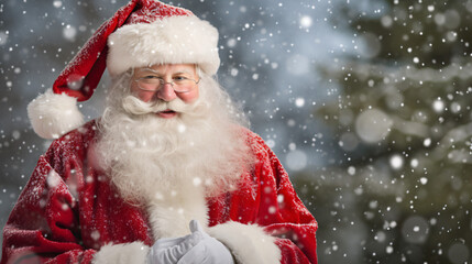 Close up portrait of santa clause with white beard and snow falling 