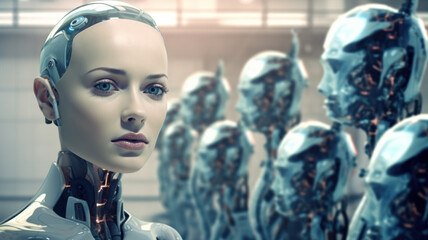 Fototapeta na wymiar Robotic Female Team Together in High-Tech World