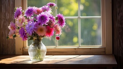  a vase filled with purple and pink flowers sitting on a window sill in front of a window sill.  generative ai
