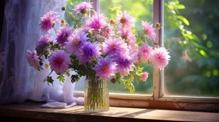  a vase filled with pink and purple flowers sitting on a window sill in front of a window sill.  generative ai - obrazy, fototapety, plakaty