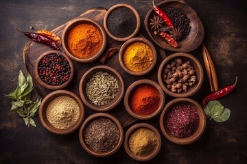 A set of spices and herbs. Indian cuisine. Pepper, salt, paprika, basil, turmeric. On a black wooden chalkboard. Top view. Free copy space. Generative AI